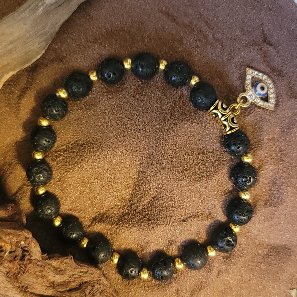 Lava Stone Evil Eye Charm Stretch Bracelet